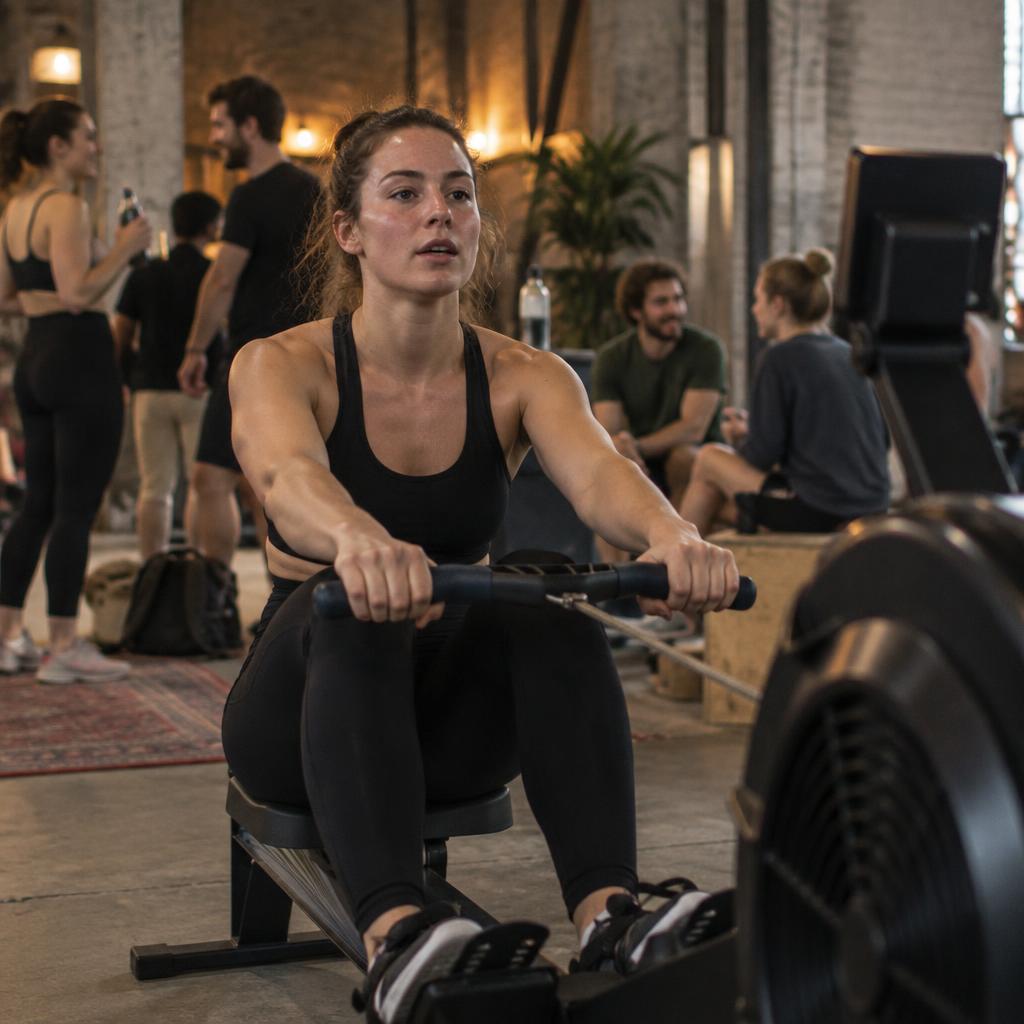 Hands on an indoor rowing machine handle in warm light