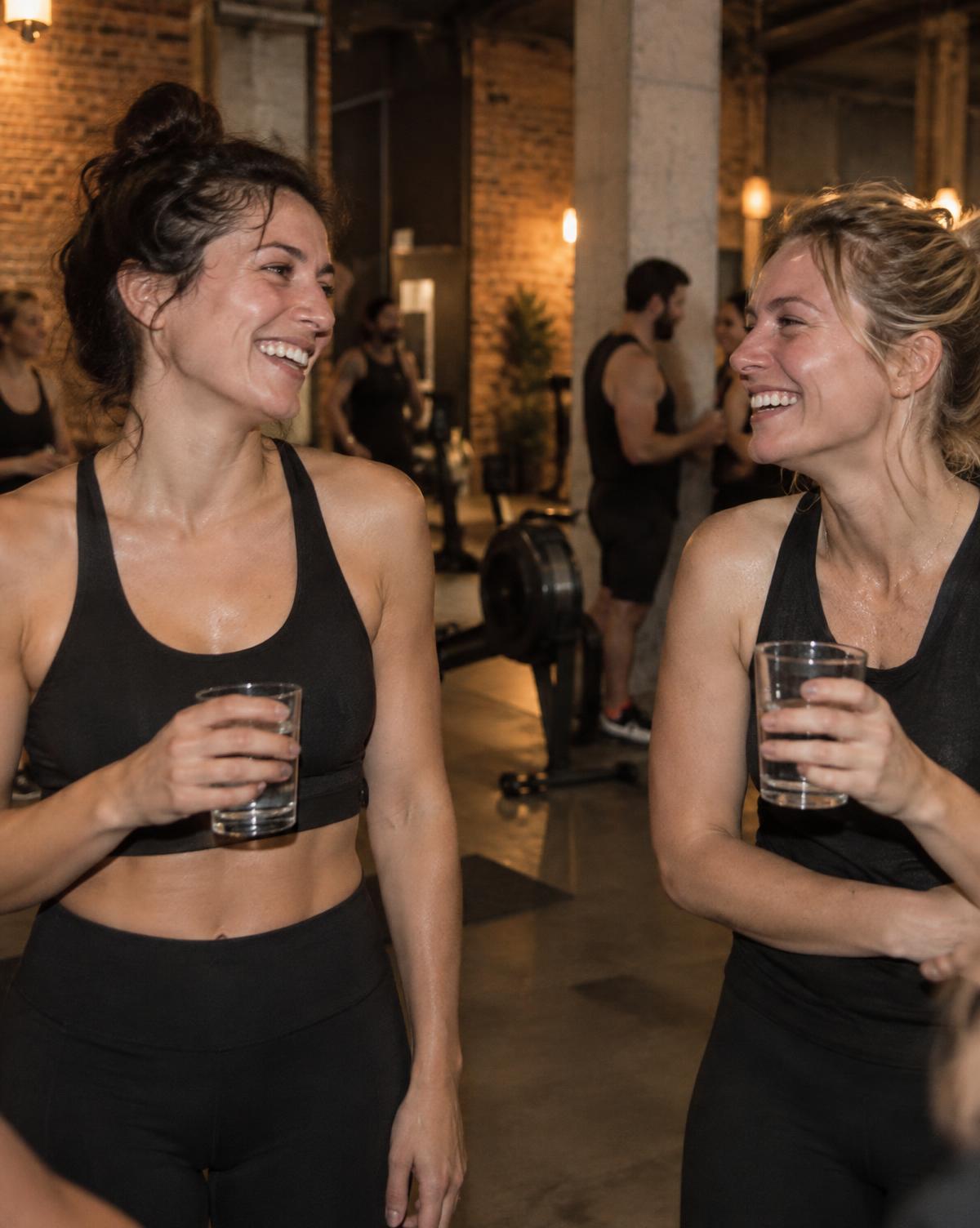 Two women laughing with drinks at a Peak Watt Club pop-up